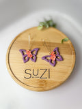 BF1 Butterfly Dangle Earring, Handmade Polymer Clay Statement Earrings, Animal Insect Inspired, Purple and Coral, Floral