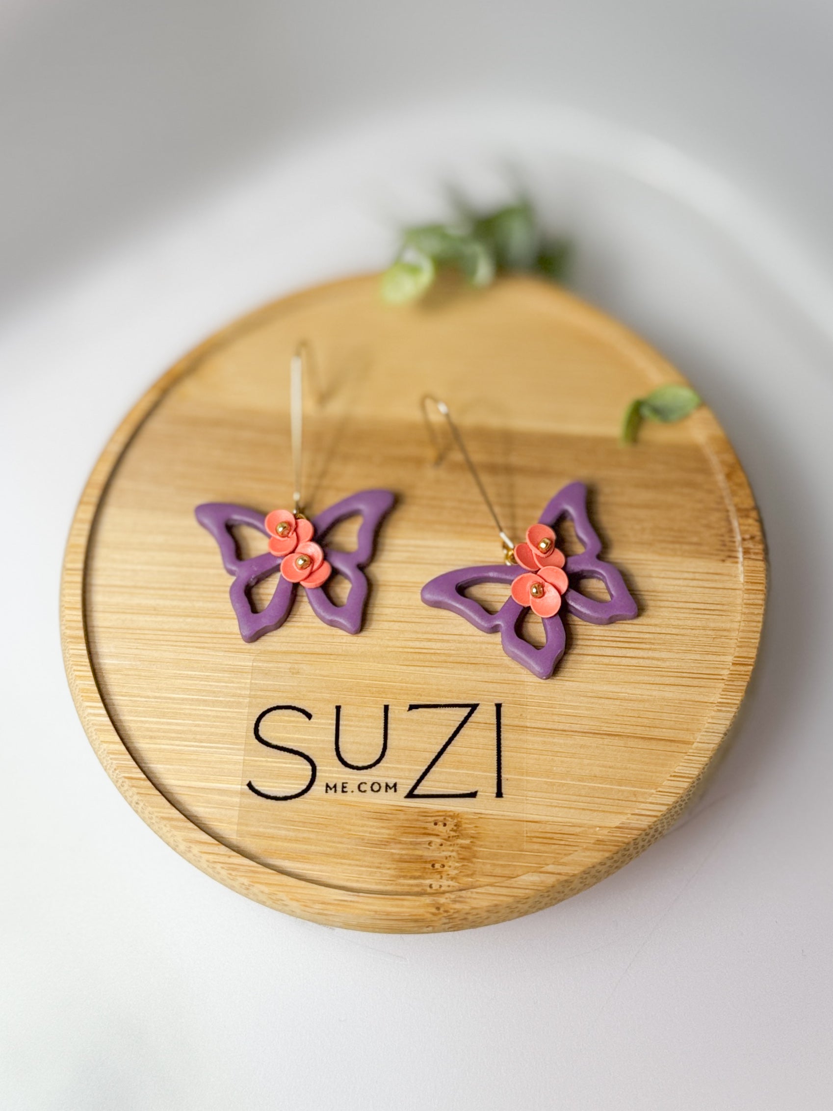 BF1 Butterfly Dangle Earring, Handmade Polymer Clay Statement Earrings, Animal Insect Inspired, Purple and Coral, Floral