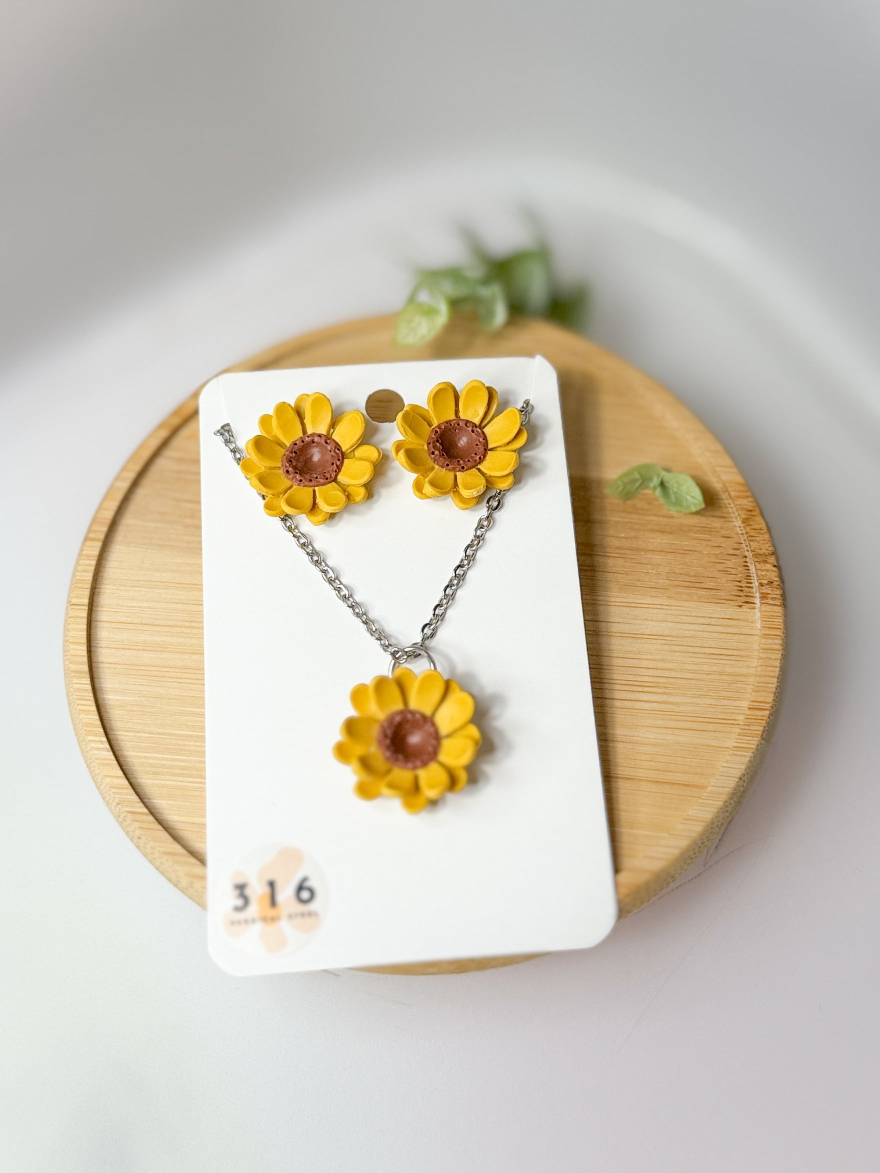 Yellow Sunflower 2 Floral Handmade Lightweight, Polymer Clay Dangle Jewelry, Gift for Her, Studs and Necklace Set