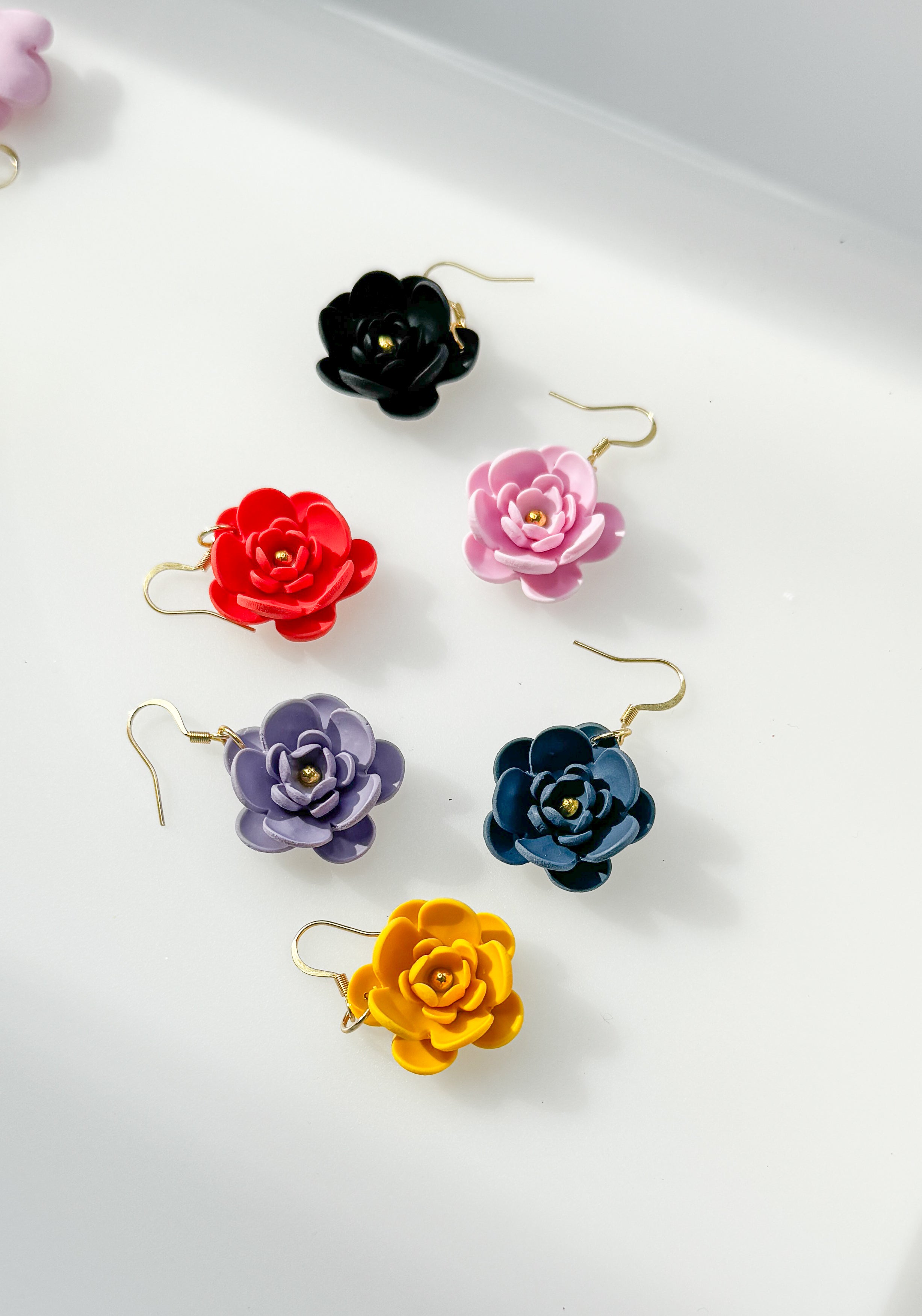 Flowers Handmade Gold Hypoallergenic Stainless Steel Earrings, Floral Polymer Clay Jewelry, Pink, Black, Blue, Purple, Yellow