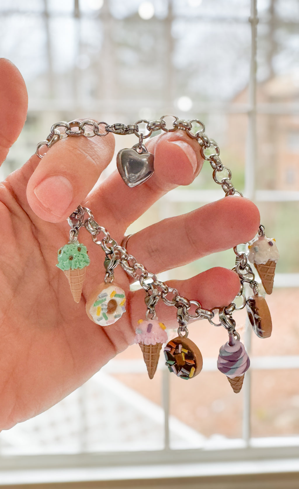 Dessert Charms, Candy, Ice Cream, Doughnuts, Polymer Clay Stainless Steel, Build your own Bracelet