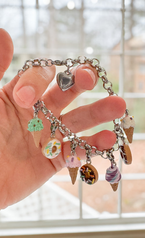 Dessert Charms, Candy, Ice Cream, Doughnuts, Polymer Clay Stainless Steel, Build your own Bracelet