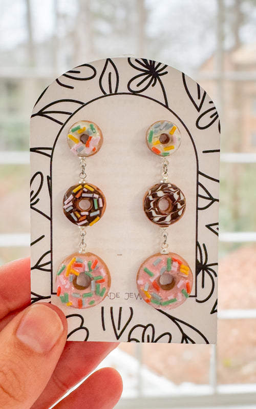 DN1 Donut Earrings – Cute Food Jewelry – Polymer Clay Dangles – Chocolate Strawberry Vanilla – Kawaii Dessert Gift, Teens, Kids, Hypoallergenic