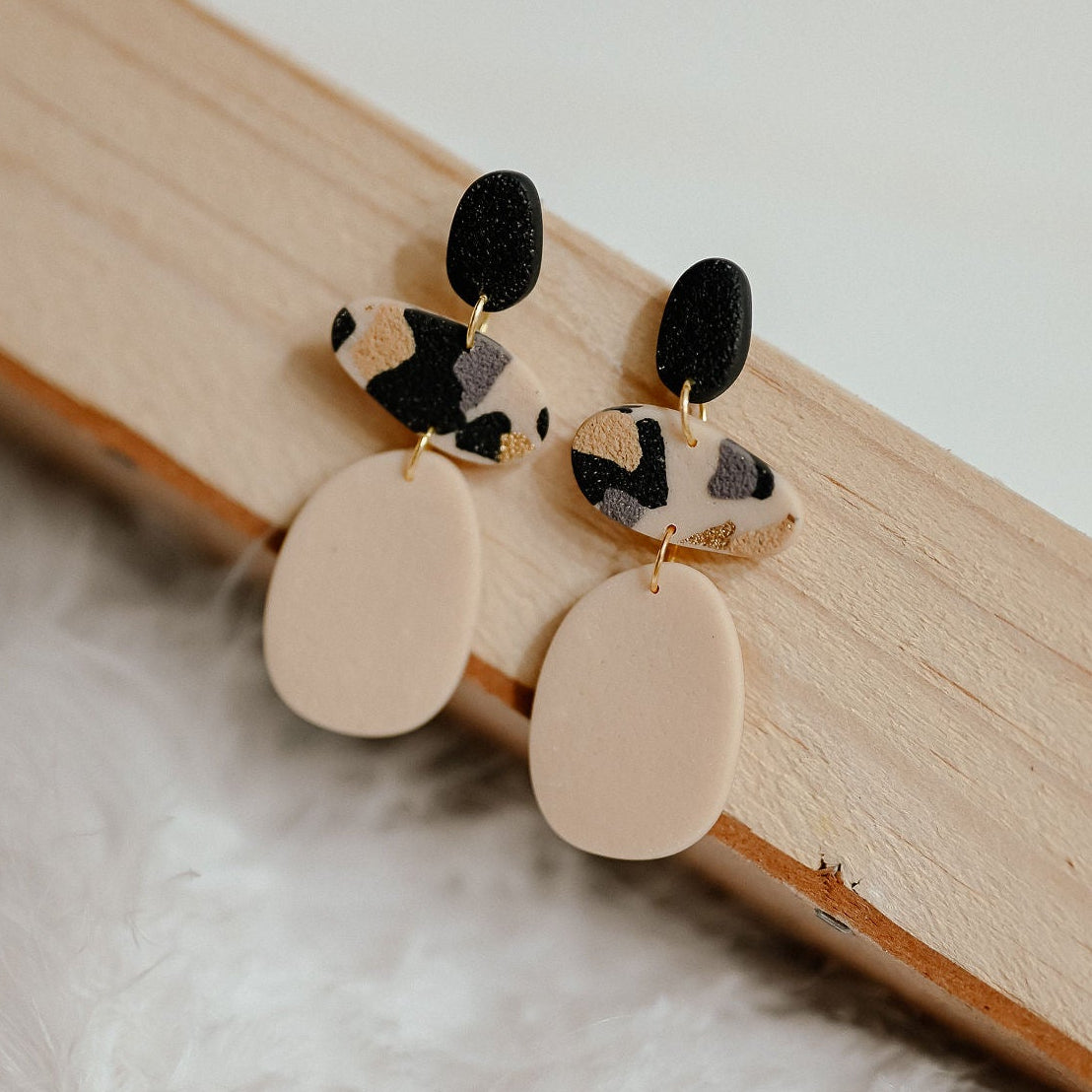 L2 Leopard Print Elegant Everyday Lightweight Dangles, Gold, Black and cream, Polymer Clay Earrings, Boutique Gift for Her