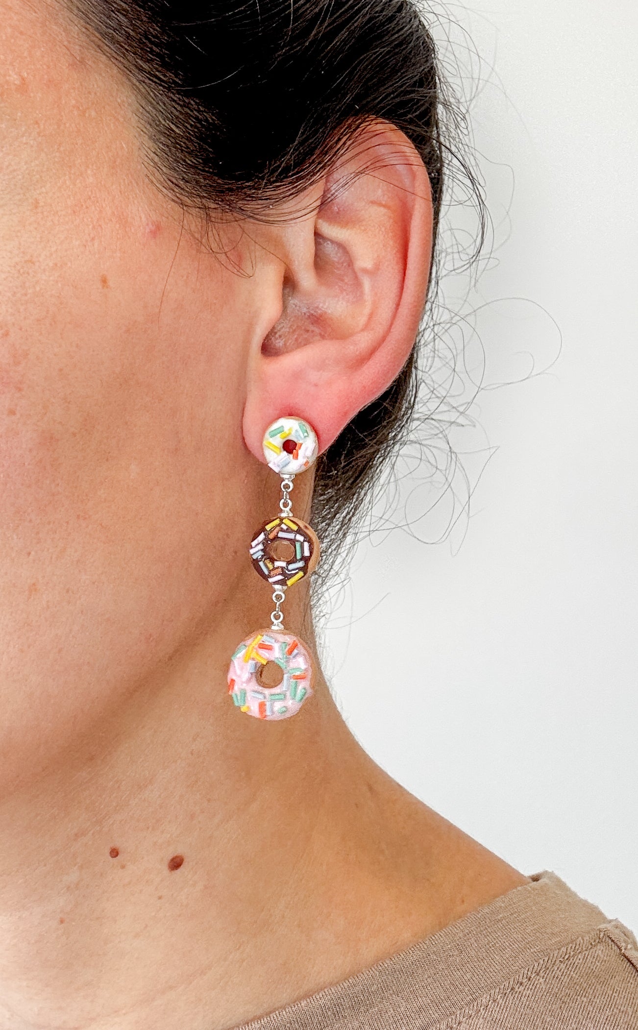DN1 Donut Earrings – Cute Food Jewelry – Polymer Clay Dangles – Chocolate Strawberry Vanilla – Kawaii Dessert Gift, Teens, Kids, Hypoallergenic