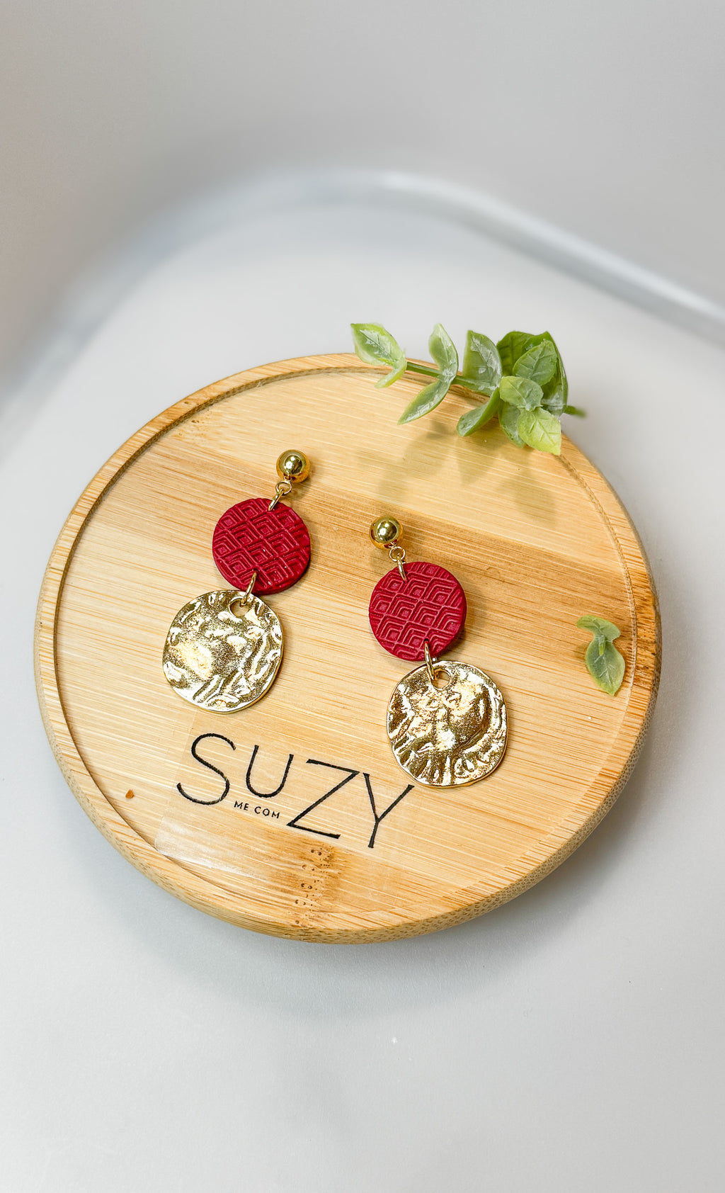 Golden Round Everyday Polymer Clay Handmade Dangle Earrings, Floral, Pink, Warm colors, Gift for her