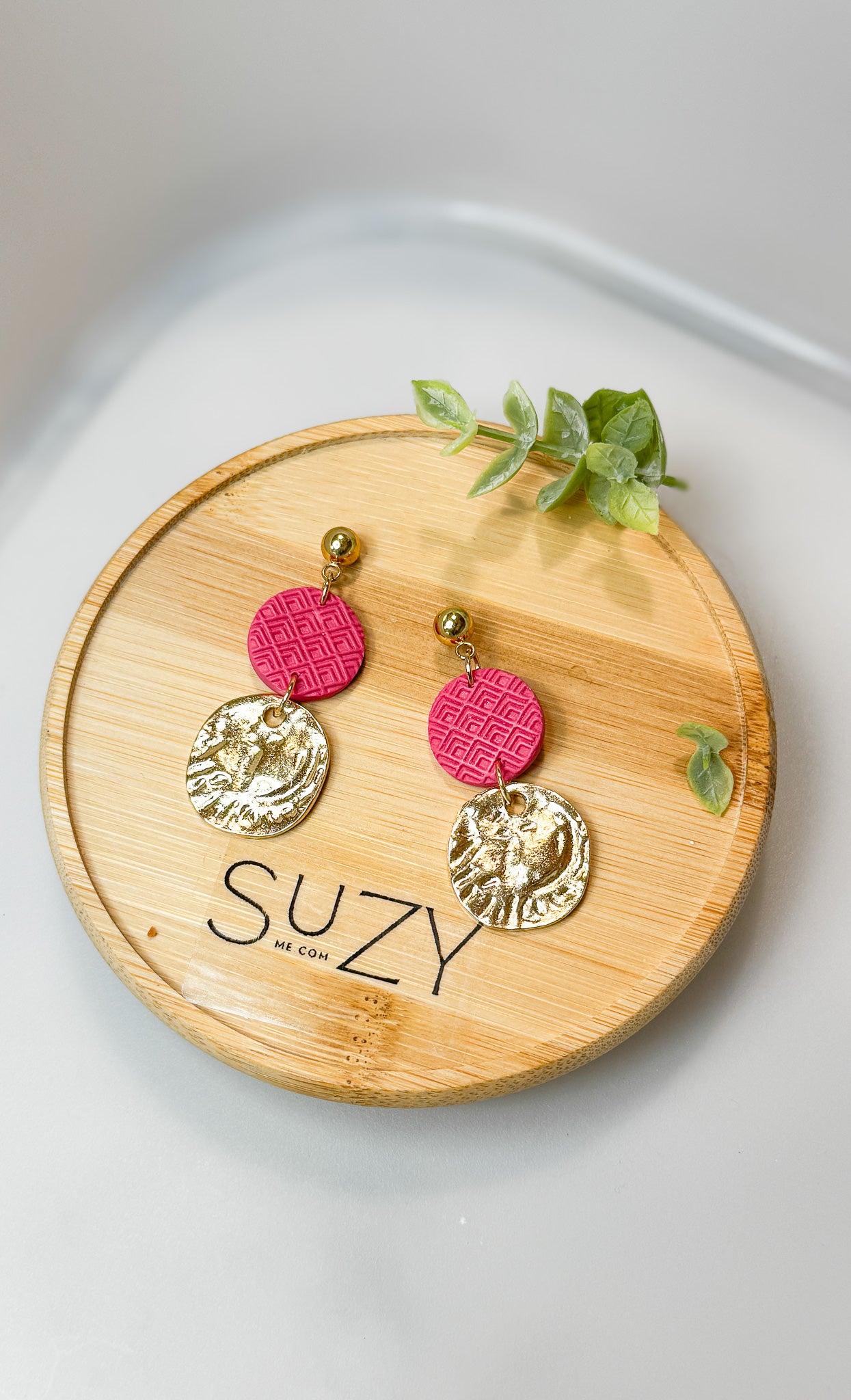 Golden Round Everyday Polymer Clay Handmade Dangle Earrings, Floral, Pink, Warm colors, Gift for her