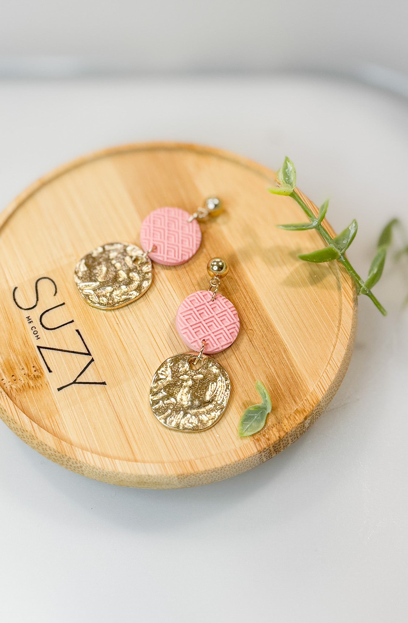Golden Round Everyday Polymer Clay Handmade Dangle Earrings, Floral, Pink, Warm colors, Gift for her
