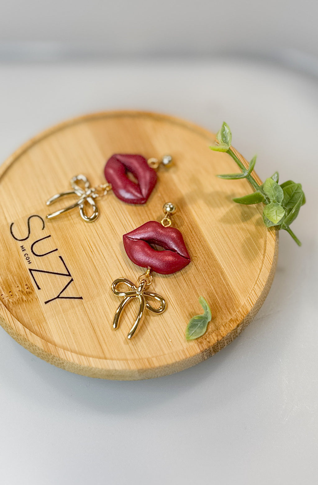 L1 Heart Inspired Earrings, Handmade Polymer Clay Jewelry, Neutral Soft Tones, Red lips