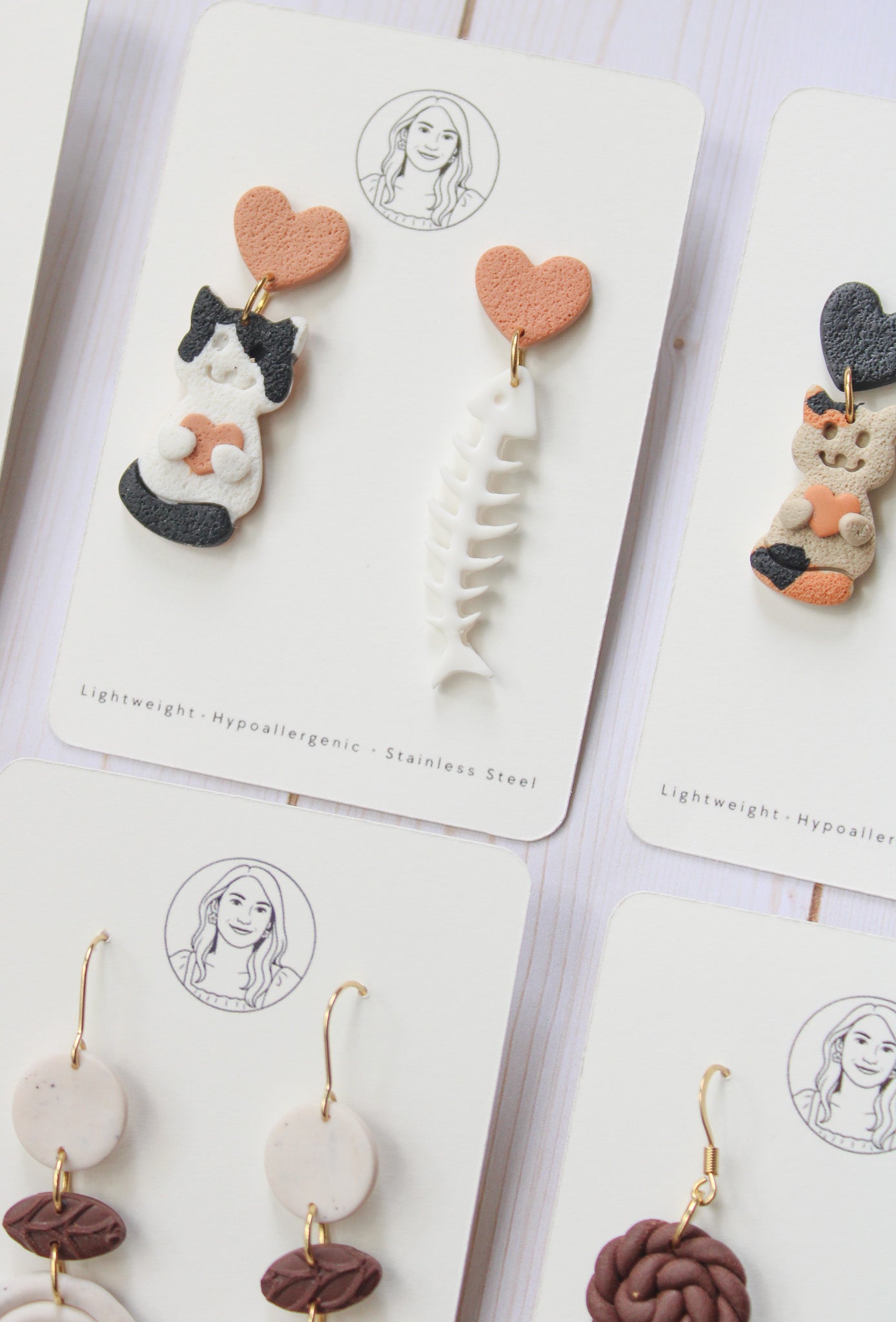 CL8 Cat Lover Jewelry, Cat Earrings, Handmade Polymer Clay Earrings, Cute Animal Lover Gift, Gold