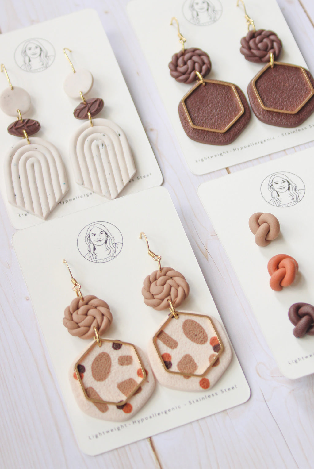 BH2 Boho Dangle Earrings – Neutral Earth Tone Polymer Clay Jewelry – Brown Caramel Burnt Orange Statement Earrings – Lightweight Handmade