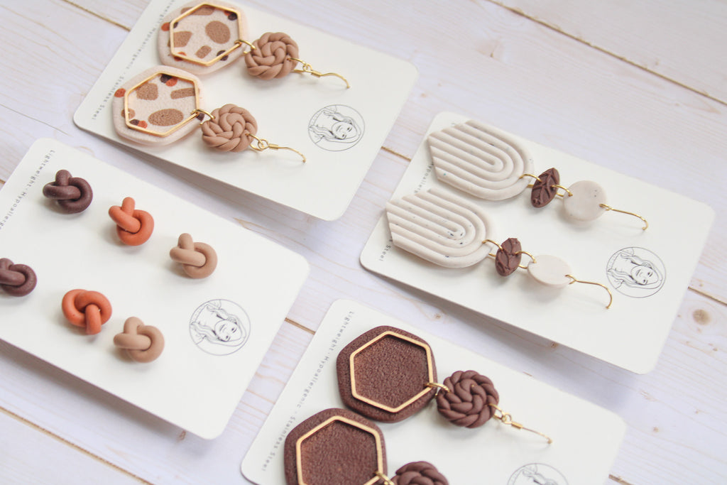 BH6 Boho Earrings – Neutral Earth Tone Polymer Clay Jewelry – Brown Caramel Burnt Orange Statement Earrings – Lightweight Handmade STUDS