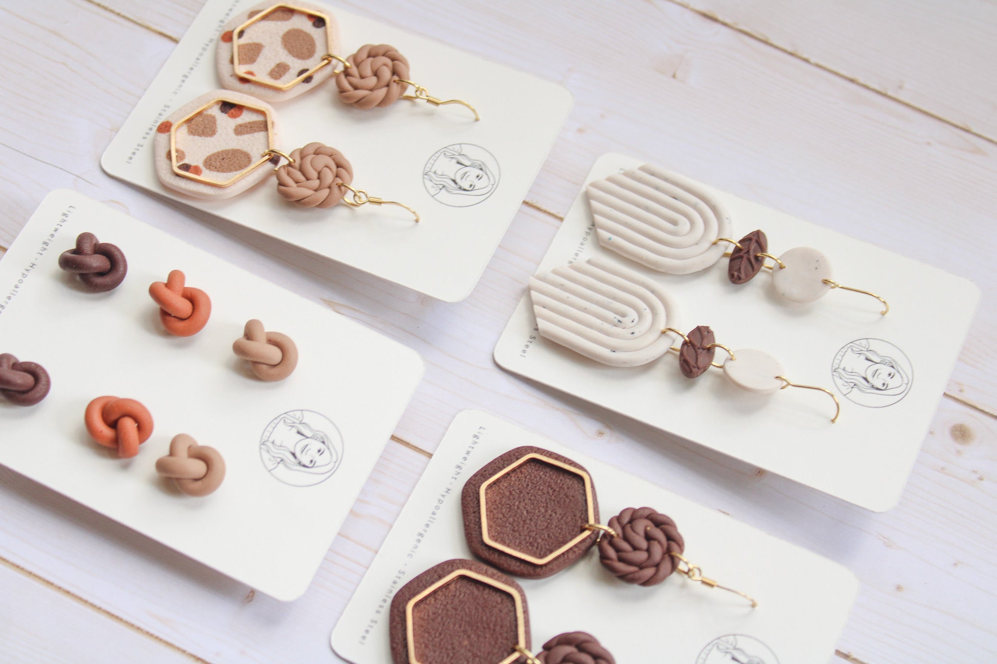 BH6 Boho Earrings – Neutral Earth Tone Polymer Clay Jewelry – Brown Caramel Burnt Orange Statement Earrings – Lightweight Handmade STUDS