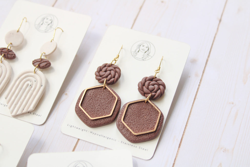 BH2 Boho Dangle Earrings – Neutral Earth Tone Polymer Clay Jewelry – Brown Caramel Burnt Orange Statement Earrings – Lightweight Handmade