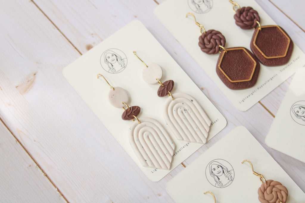 BH1 Boho Dangle Earrings – Neutral Earth Tone Polymer Clay Jewelry – Brown Caramel Burnt Orange Statement Earrings – Lightweight Handmade