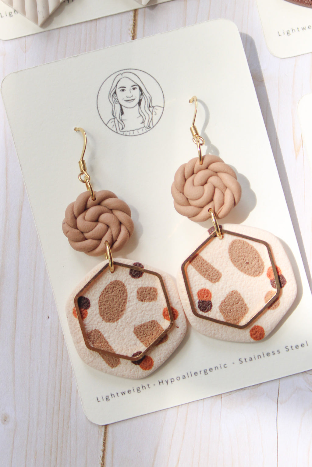BH2 Boho Dangle Earrings – Neutral Earth Tone Polymer Clay Jewelry – Brown Caramel Burnt Orange Statement Earrings – Lightweight Handmade