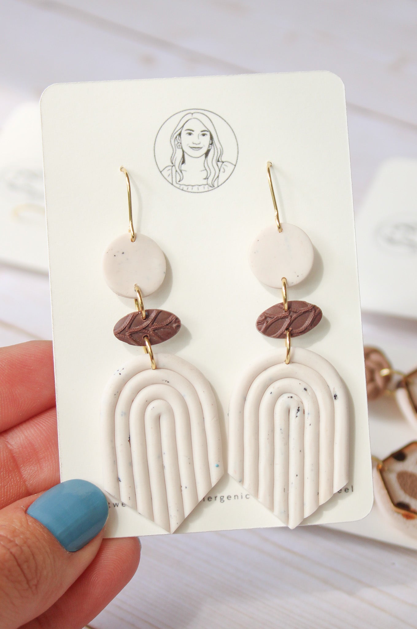 BH1 Boho Dangle Earrings – Neutral Earth Tone Polymer Clay Jewelry – Brown Caramel Burnt Orange Statement Earrings – Lightweight Handmade