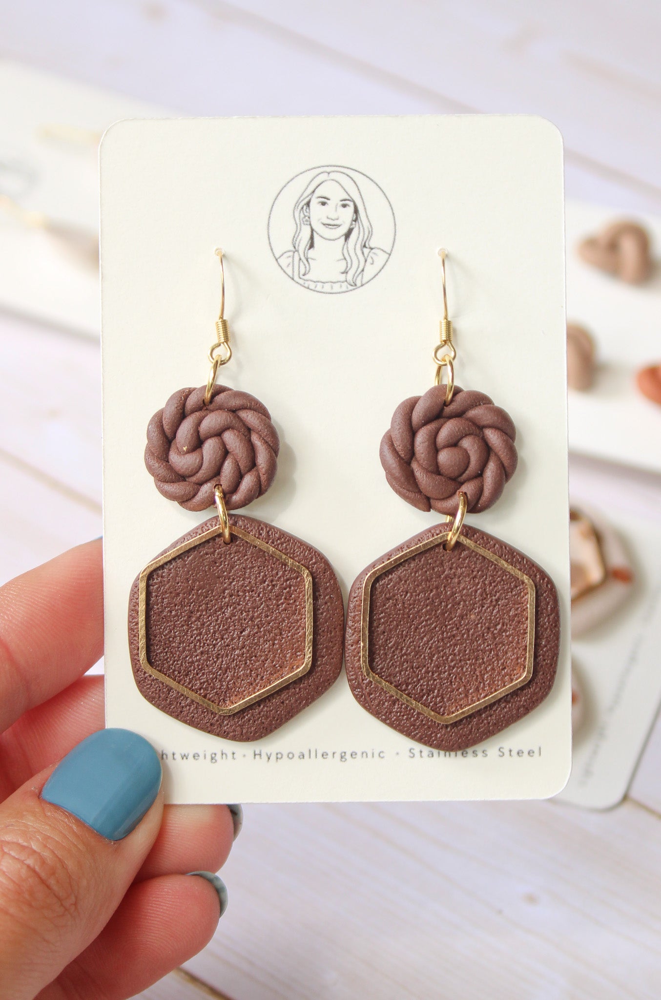 BH2 Boho Dangle Earrings – Neutral Earth Tone Polymer Clay Jewelry – Brown Caramel Burnt Orange Statement Earrings – Lightweight Handmade