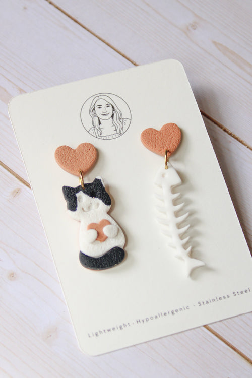 CL8 Cat Lover Jewelry, Cat Earrings, Handmade Polymer Clay Earrings, Cute Animal Lover Gift, Gold