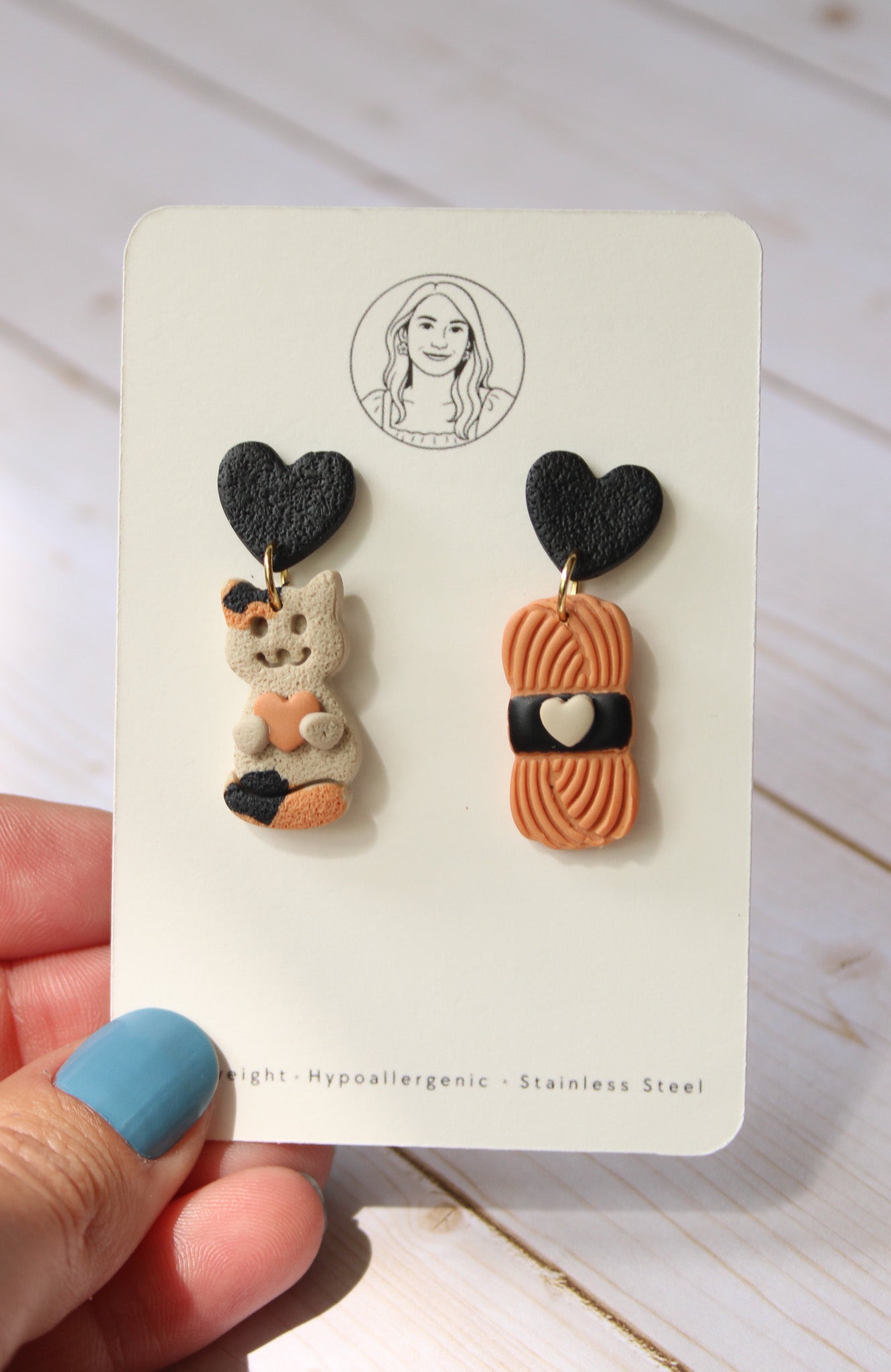 CL9 Cat Lover Jewelry, Cat Earrings, Handmade Polymer Clay Earrings, Cute Animal Lover Gift, Gold