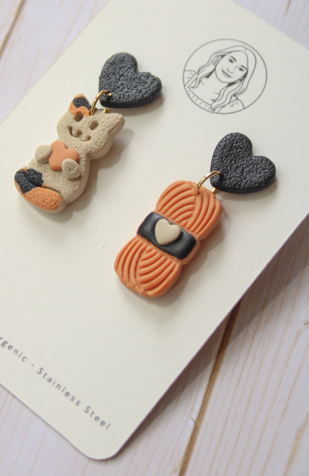 CL9 Cat Lover Jewelry, Cat Earrings, Handmade Polymer Clay Earrings, Cute Animal Lover Gift, Gold