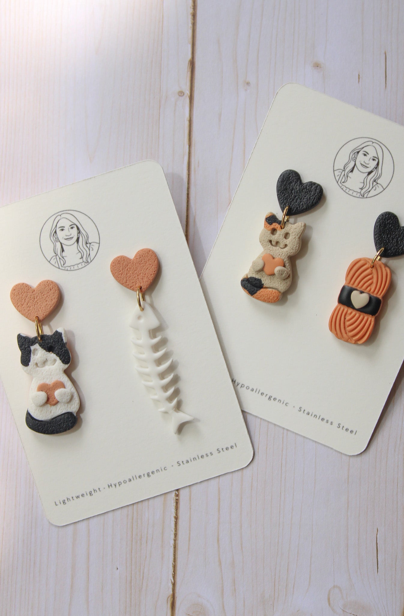 CL9 Cat Lover Jewelry, Cat Earrings, Handmade Polymer Clay Earrings, Cute Animal Lover Gift, Gold