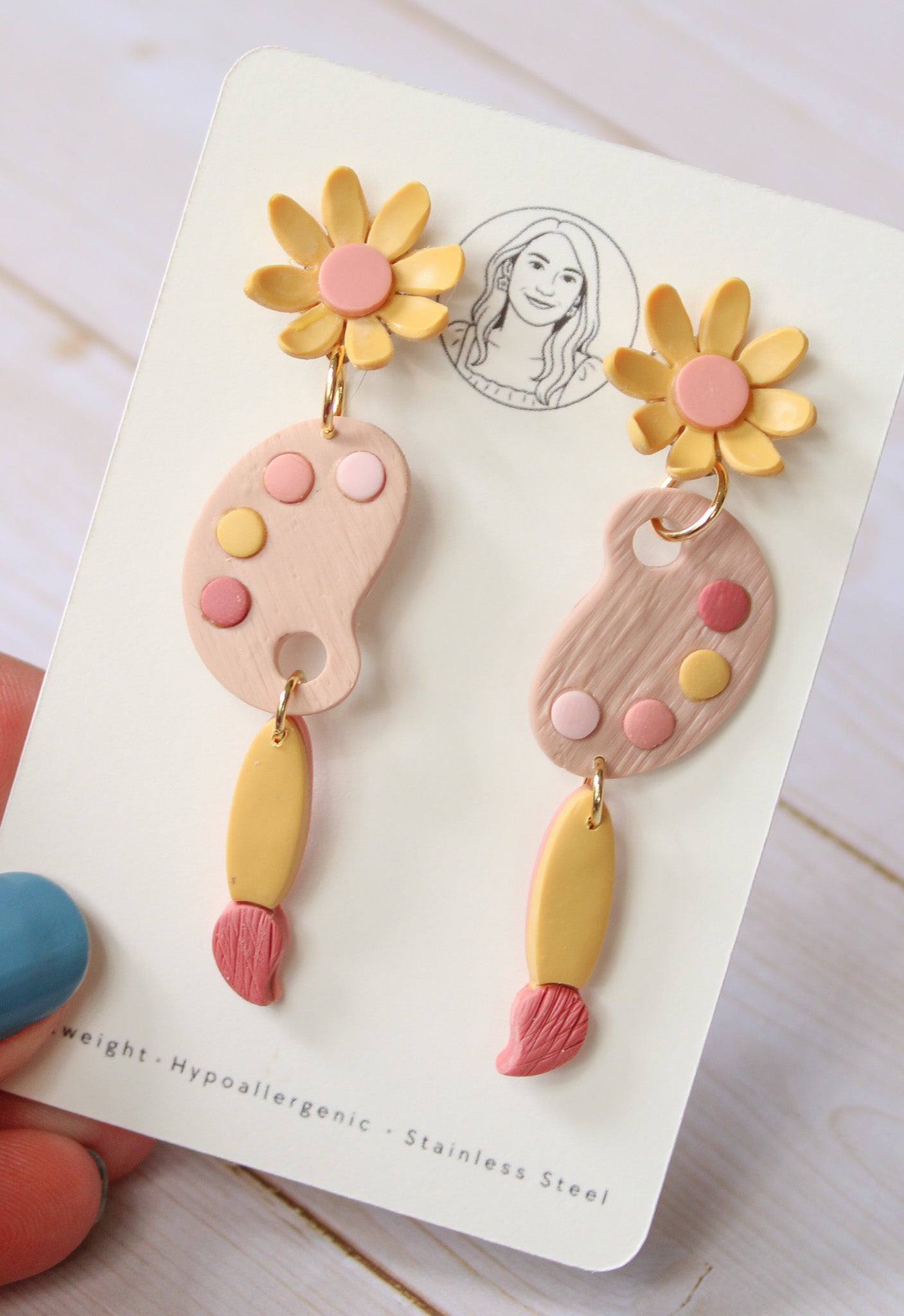 PUG9 Dainty Floral Art Painting Inspired Earrings, Handmade Polymer Clay Dangle, Gift, Soft Colors