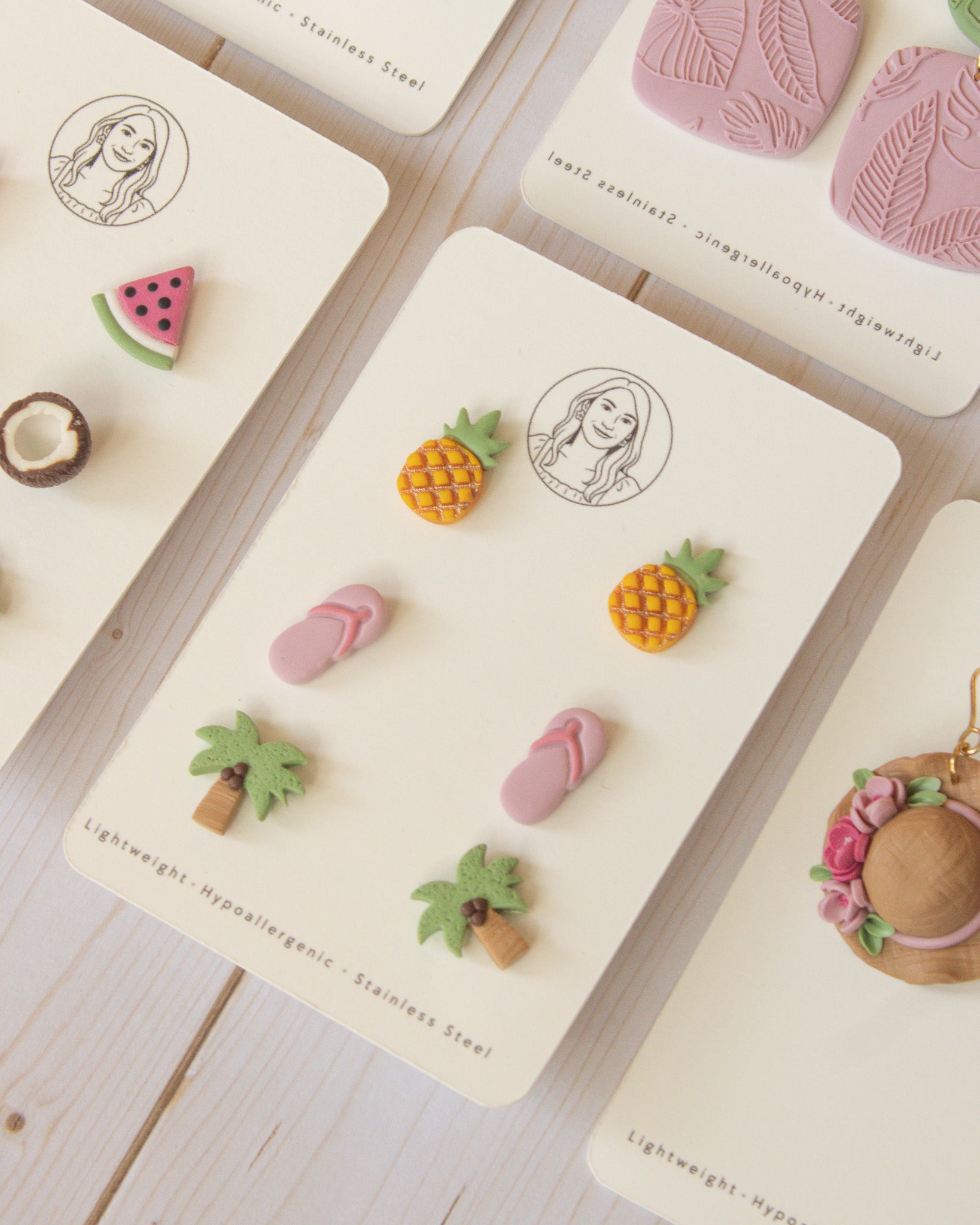 SS9 Pineapple Flipflop Palm Tree Stud pack Earrings | Cute Summer Fruit Earrings | Handmade Polymer Clay | Hypoallergenic