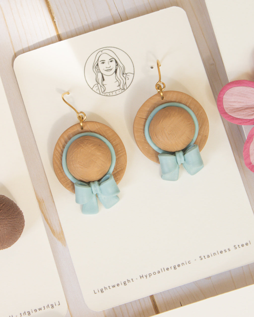 SS1 Blue Bow Hat Earrings | Lightweight Summer Statement Earrings | Handmade Polymer Clay | Gifts for Her