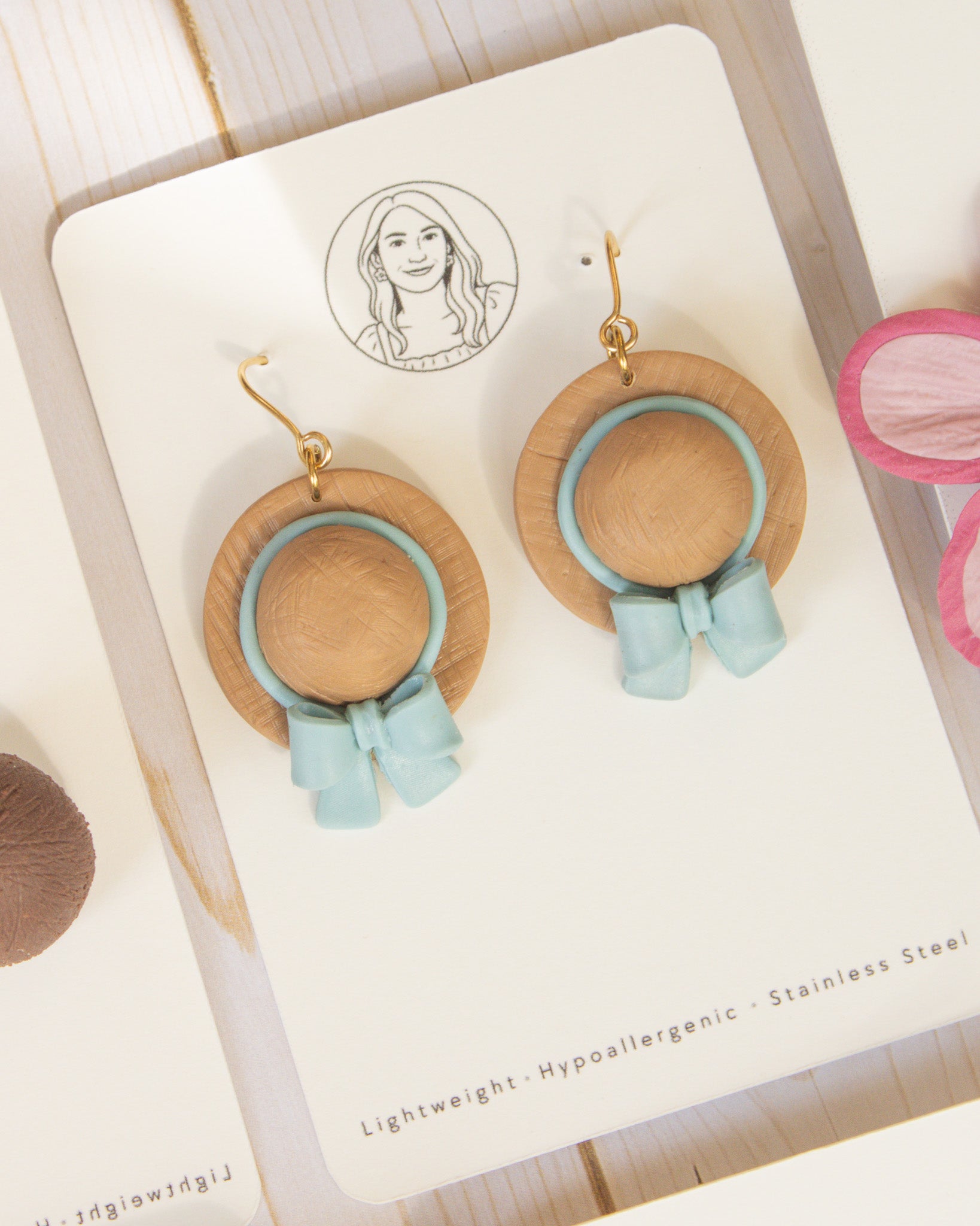 SS1 Blue Bow Hat Earrings | Lightweight Summer Statement Earrings | Handmade Polymer Clay | Gifts for Her