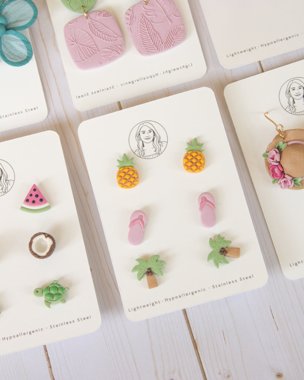 SS9 Pineapple Flipflop Palm Tree Stud pack Earrings | Cute Summer Fruit Earrings | Handmade Polymer Clay | Hypoallergenic