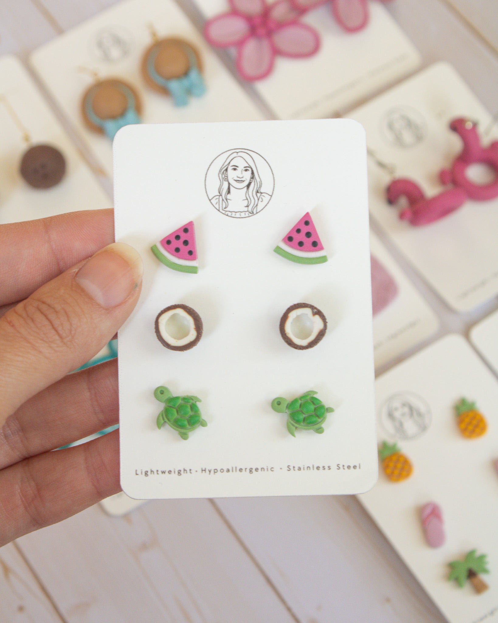 SS8 Watermelon Turtle Coconut Stud pack Earrings | Cute Summer Fruit Earrings | Handmade Polymer Clay | Hypoallergenic