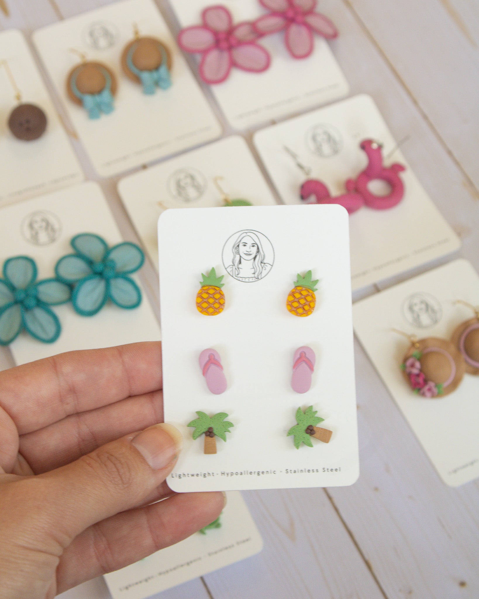 SS9 Pineapple Flipflop Palm Tree Stud pack Earrings | Cute Summer Fruit Earrings | Handmade Polymer Clay | Hypoallergenic