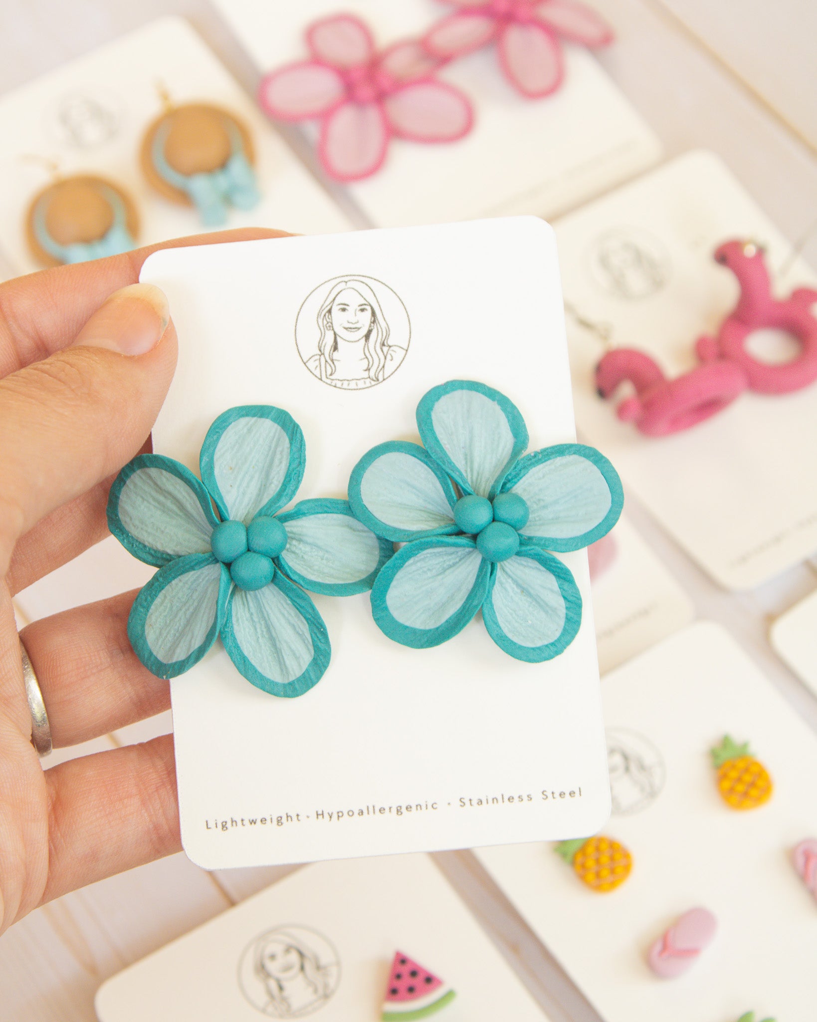 SS5 Teal Floral Statement Earrings | Lightweight Tropical Summer | Lightweight Polymer Clay| Gifts for Her