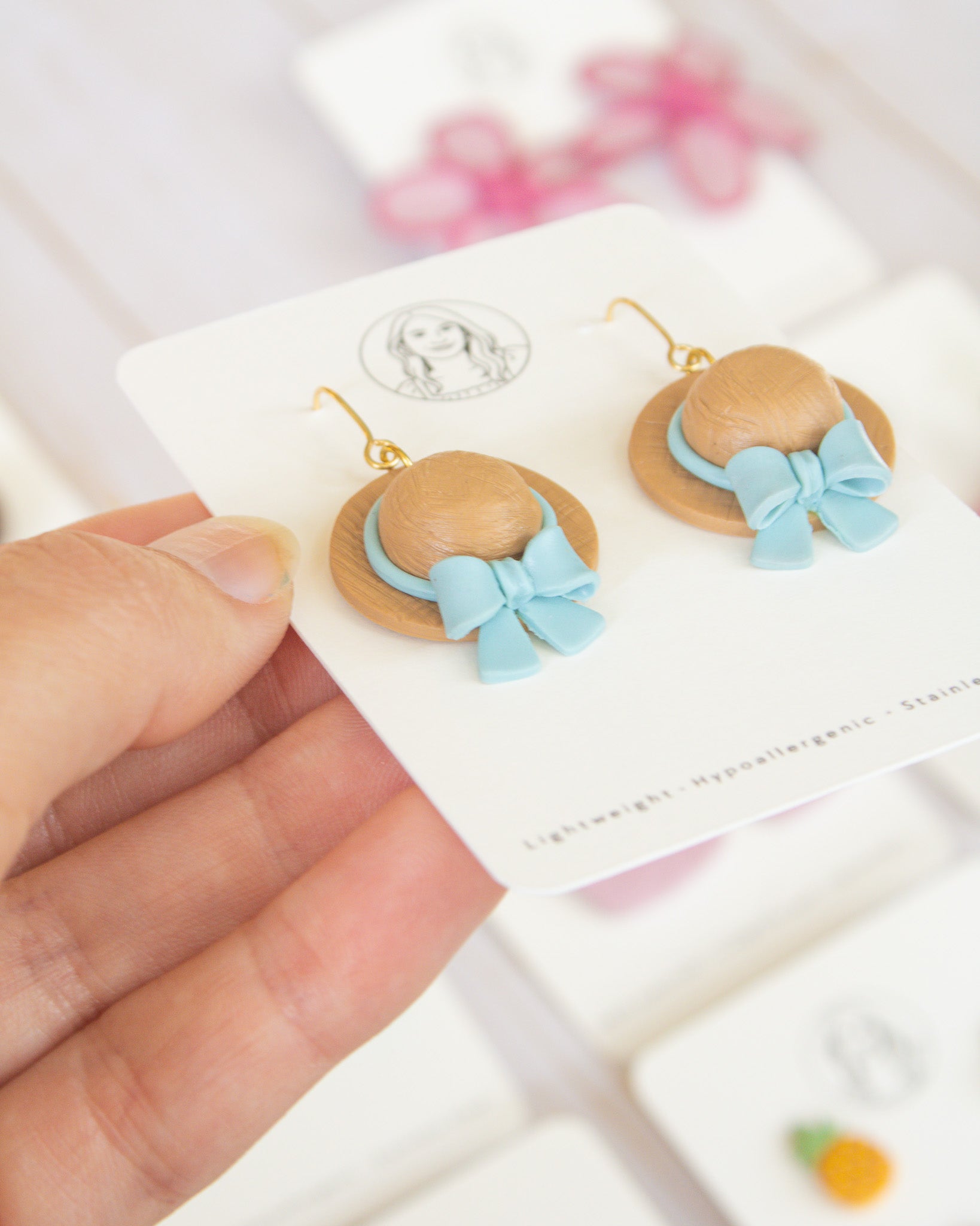 SS1 Blue Bow Hat Earrings | Lightweight Summer Statement Earrings | Handmade Polymer Clay | Gifts for Her