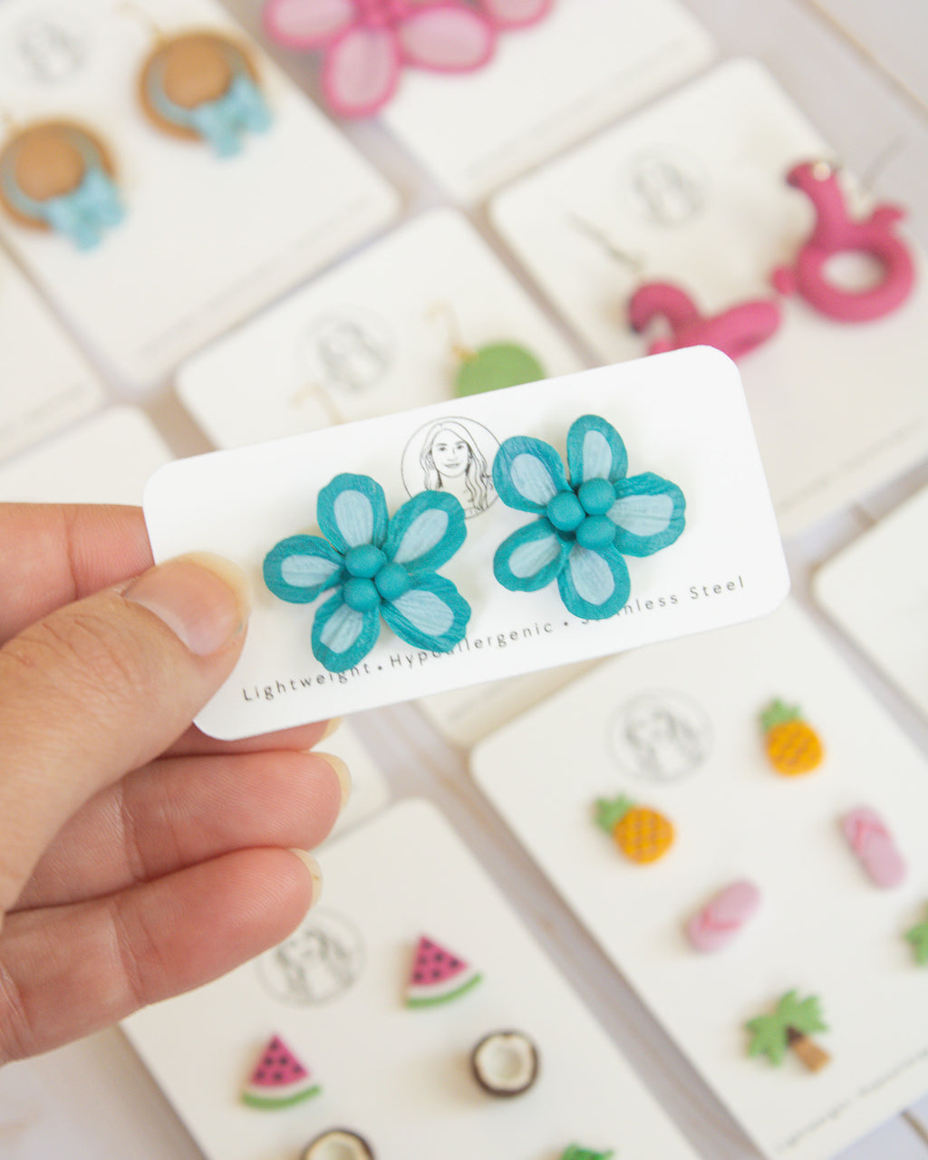 SS6 Teal Floral STUD Earrings | Lightweight Tropical Summer | Lightweight Polymer Clay| Gifts for Her