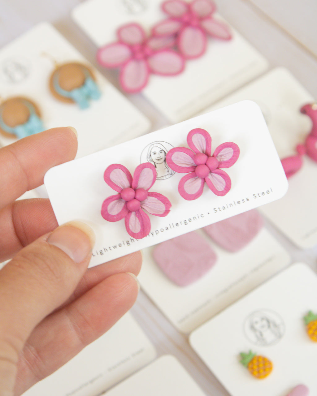 SS7 Pink Floral STUD Earrings | Lightweight Tropical Summer | Lightweight Polymer Clay| Gifts for Her