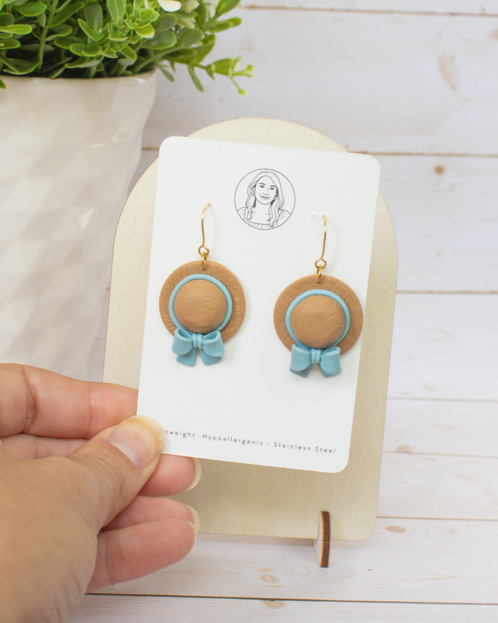 SS1 Blue Bow Hat Earrings | Lightweight Summer Statement Earrings | Handmade Polymer Clay | Gifts for Her