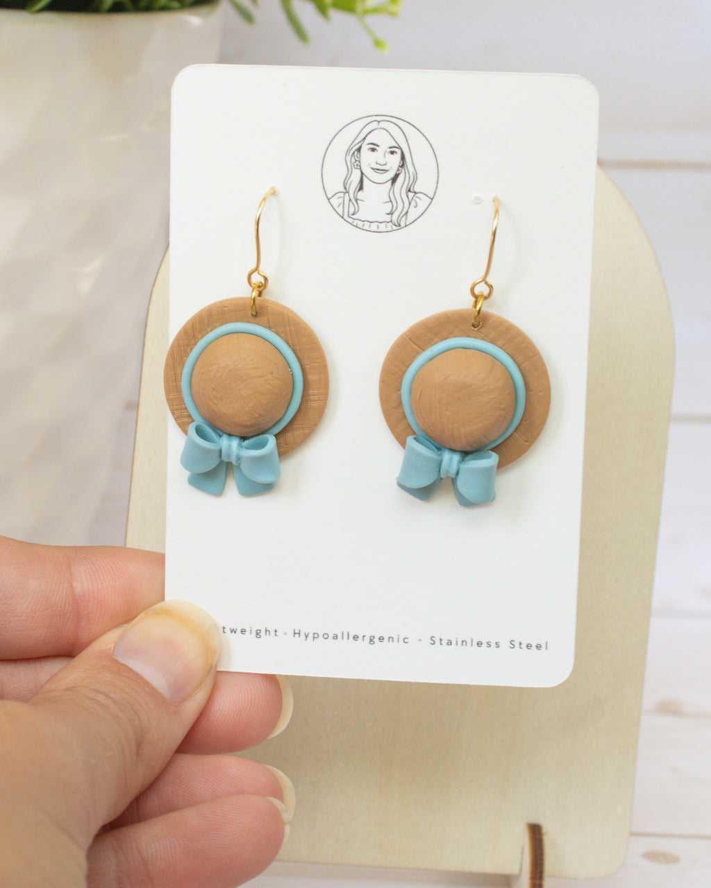 SS1 Blue Bow Hat Earrings | Lightweight Summer Statement Earrings | Handmade Polymer Clay | Gifts for Her