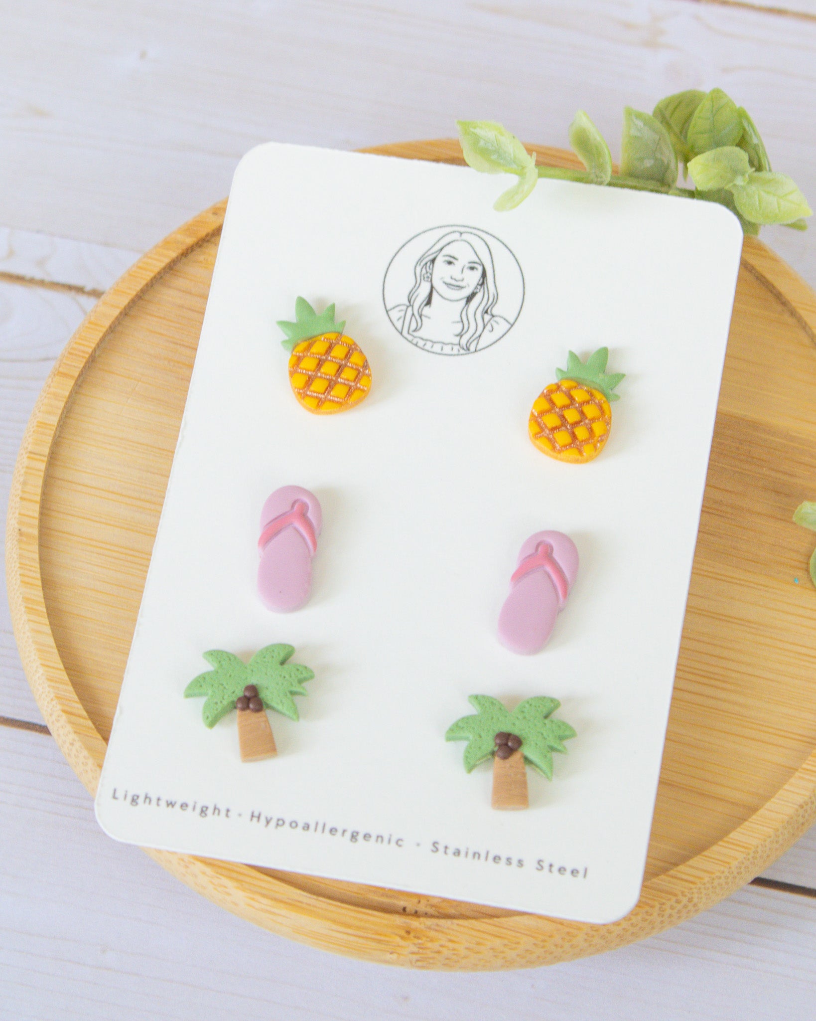 SS9 Pineapple Flipflop Palm Tree Stud pack Earrings | Cute Summer Fruit Earrings | Handmade Polymer Clay | Hypoallergenic
