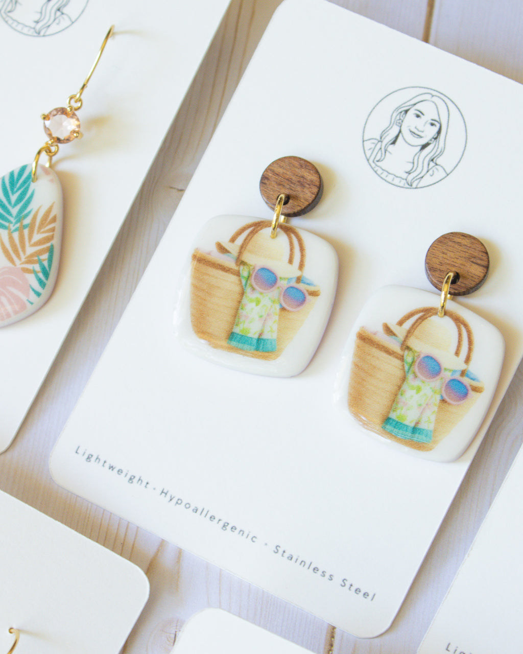 SS15 Summer Tote Bag Earrings Wood | Vacation Statement Earrings | Handmade Polymer Clay | Lightweight
