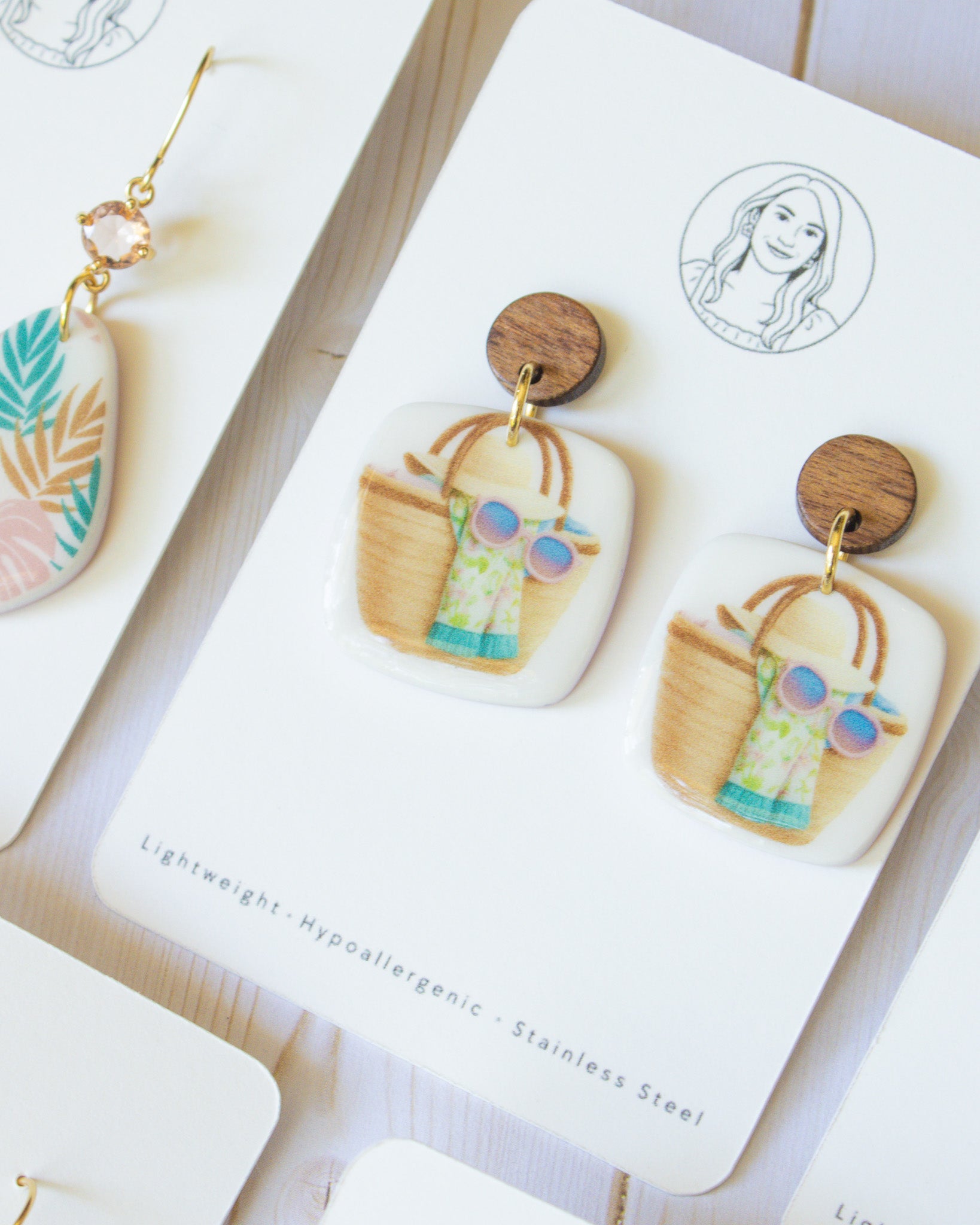 SS15 Summer Tote Bag Earrings Wood | Vacation Statement Earrings | Handmade Polymer Clay | Lightweight