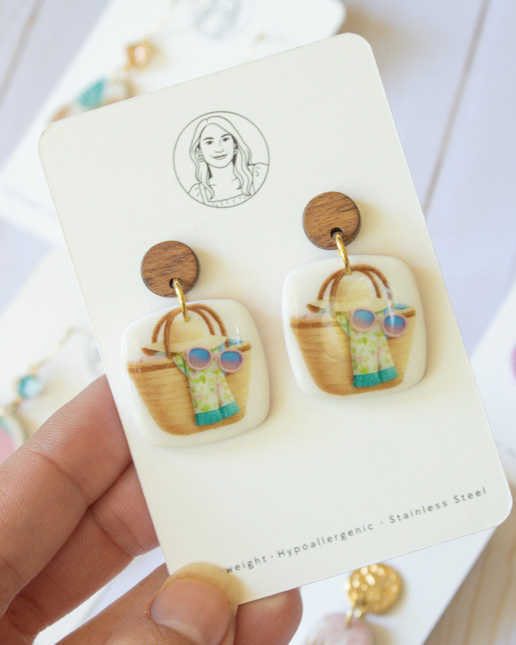 SS15 Summer Tote Bag Earrings Wood | Vacation Statement Earrings | Handmade Polymer Clay | Lightweight