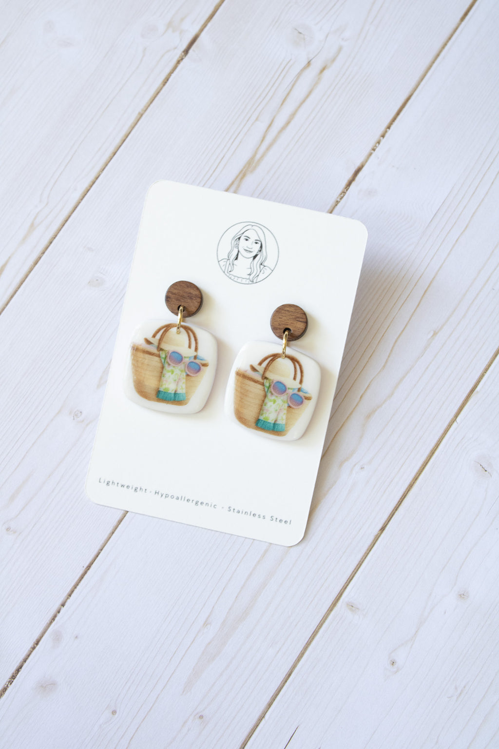SS15 Summer Tote Bag Earrings Wood | Vacation Statement Earrings | Handmade Polymer Clay | Lightweight