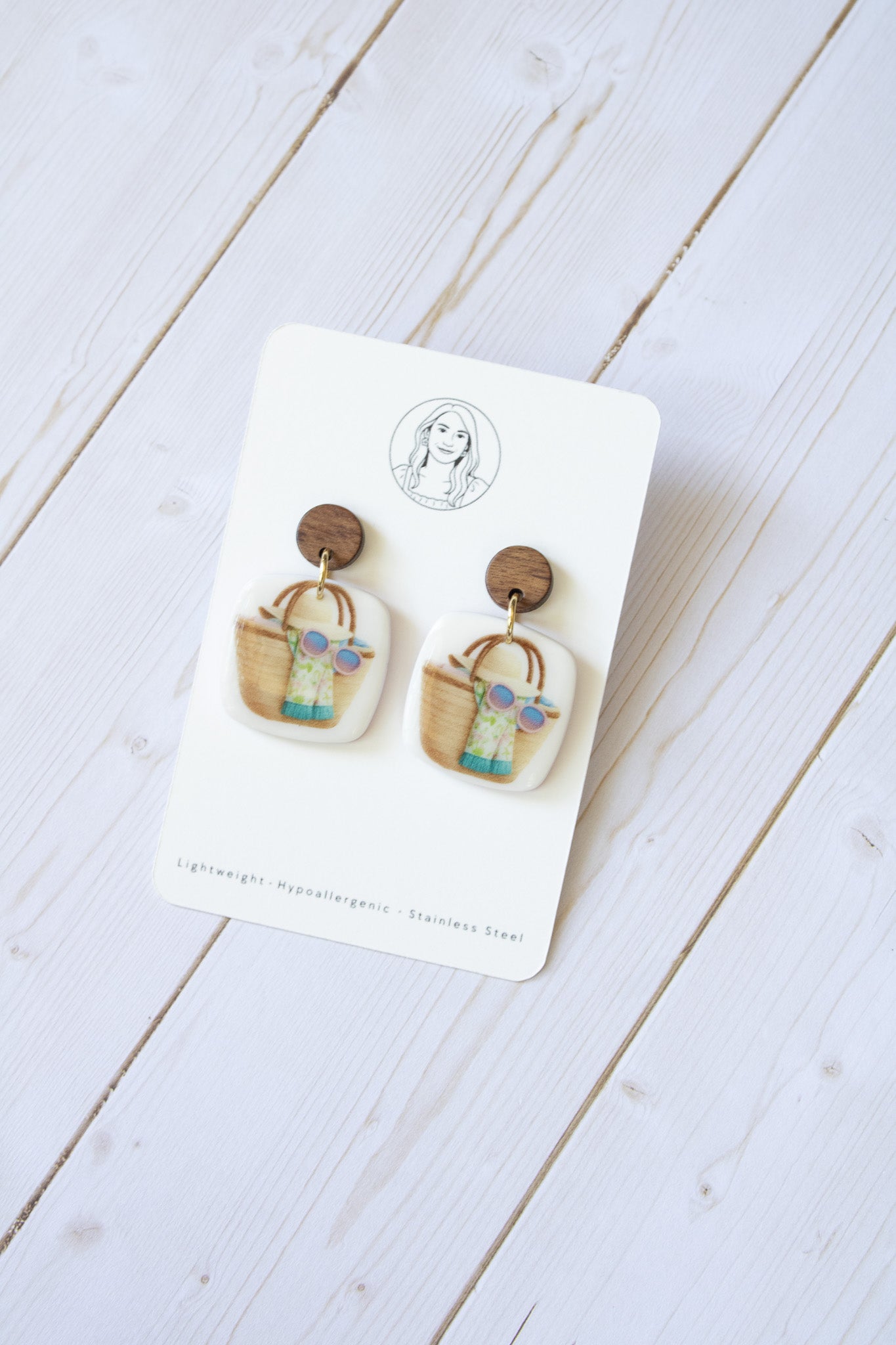 SS15 Summer Tote Bag Earrings Wood | Vacation Statement Earrings | Handmade Polymer Clay | Lightweight