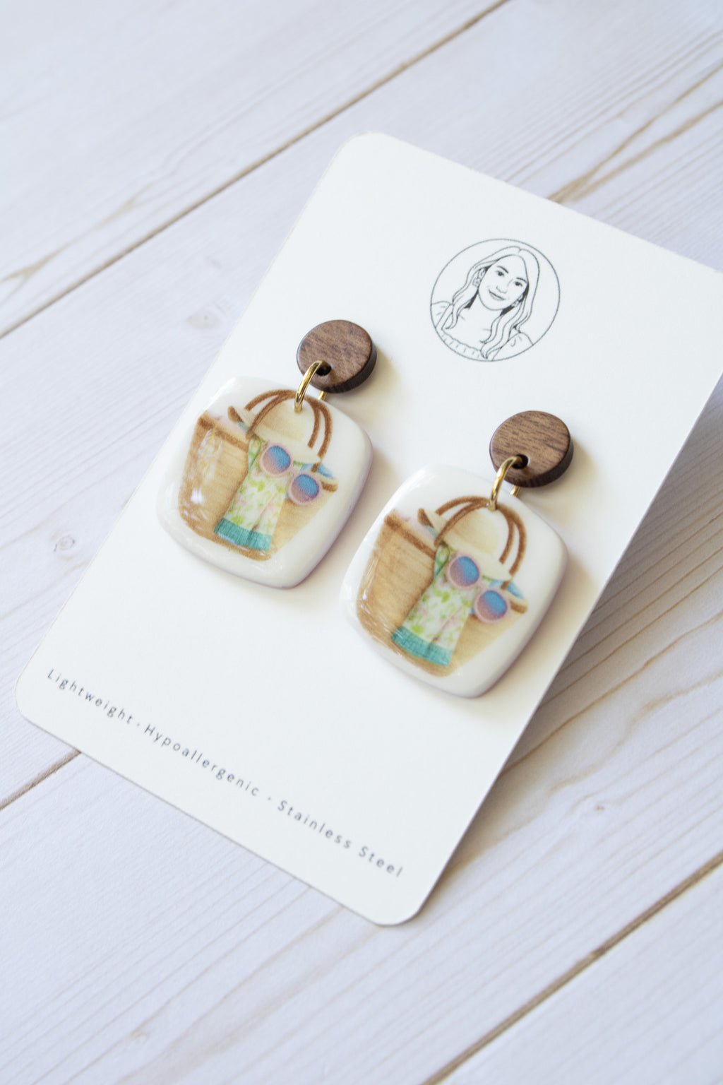 SS15 Summer Tote Bag Earrings Wood | Vacation Statement Earrings | Handmade Polymer Clay | Lightweight