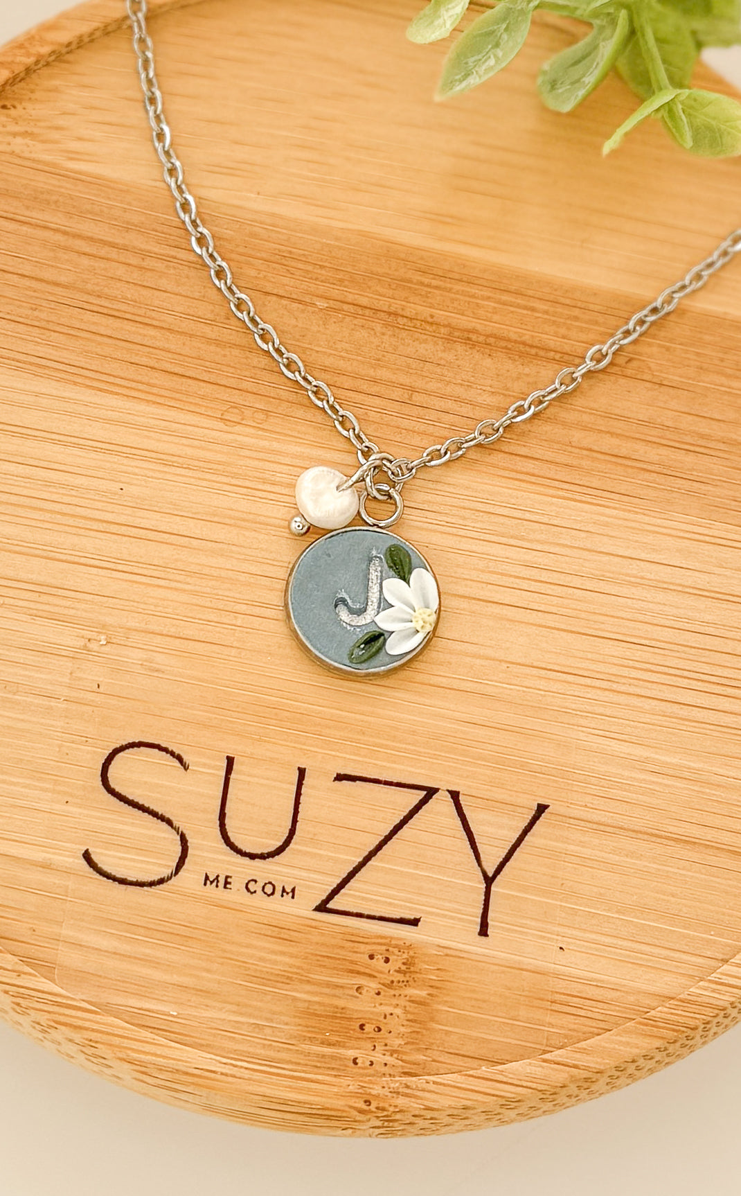Initial Necklace, Stainless Steel, Polymer Clay Letter Pendant, Minimalist Alphabet Jewelry, Personalized Gift, pearl, glass crystal