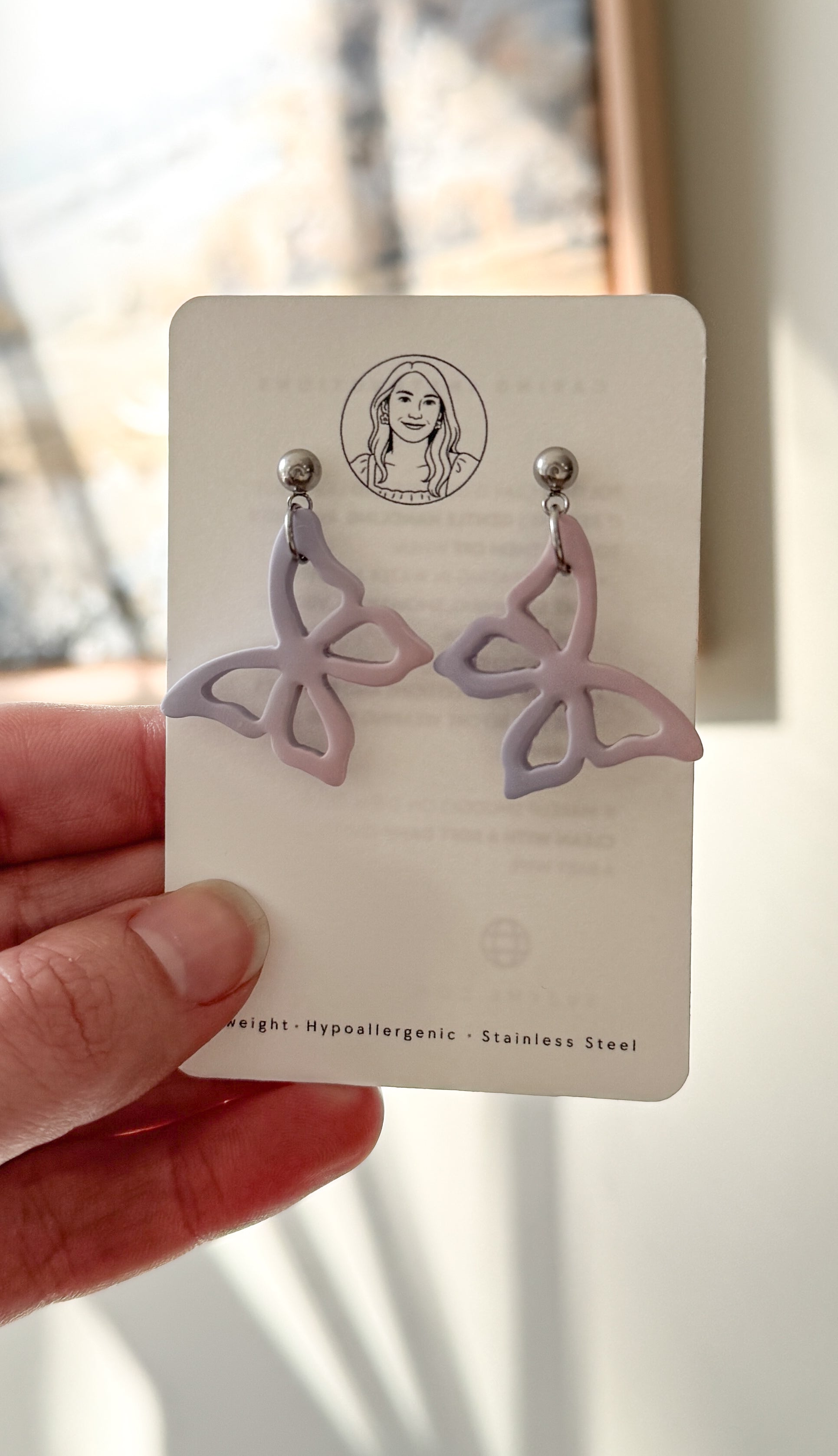 BF2 Butterfly Dangle Earring, Handmade Polymer Clay Statement Earrings, Animal Insect Inspired, Purple Ombre, Floral