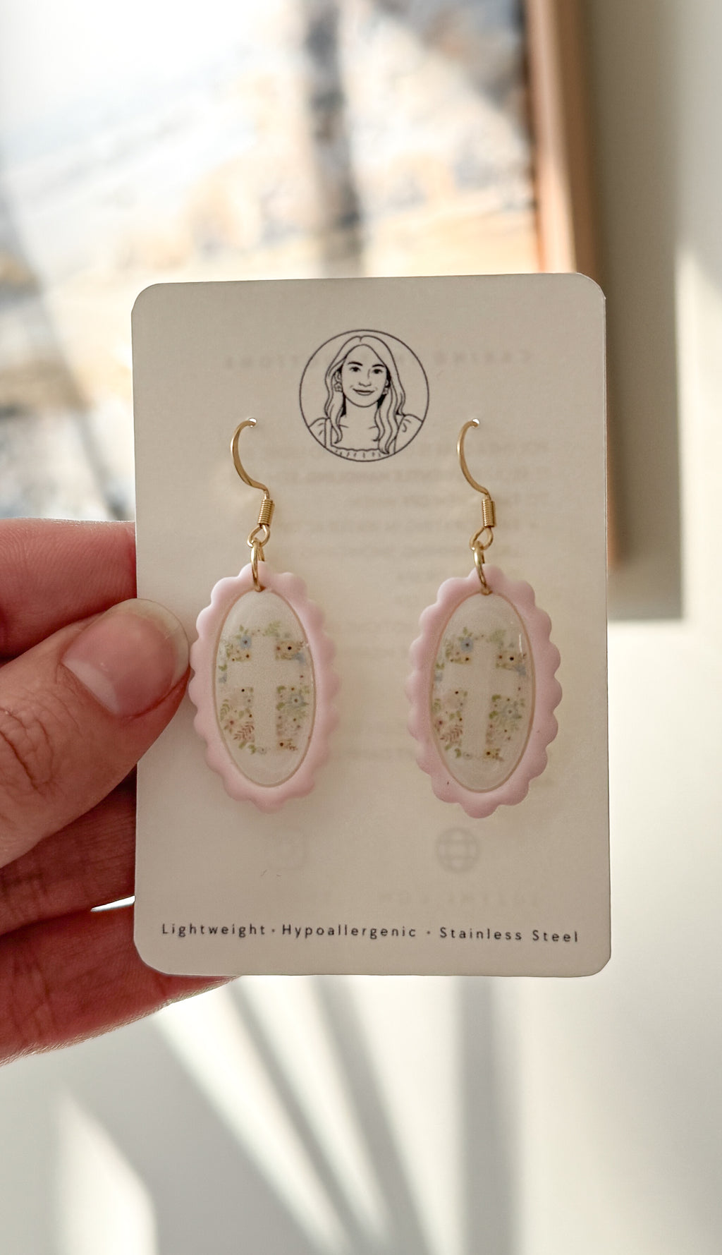 Faith Inspired Floral Dangle Earrings, Handmade Polymer Clay, White and Pink, Christian Gift, Lightweight Statement Jewelry