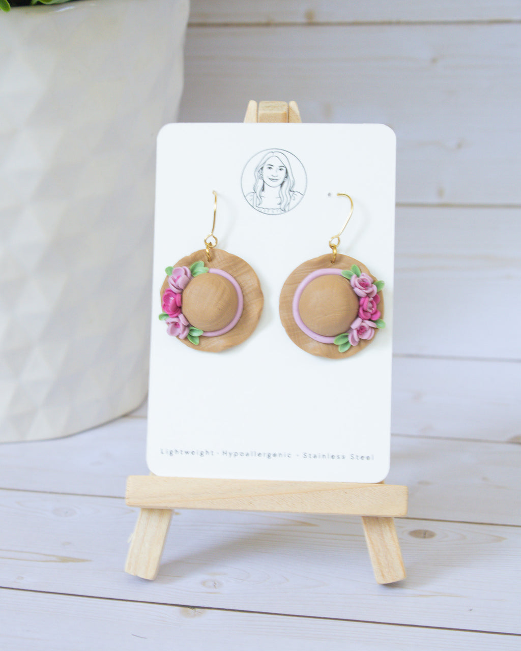 SS2 Pink Floral Straw Hat Earrings | Lightweight Summer Statement Earrings | Handmade Polymer Clay | Gifts for Her